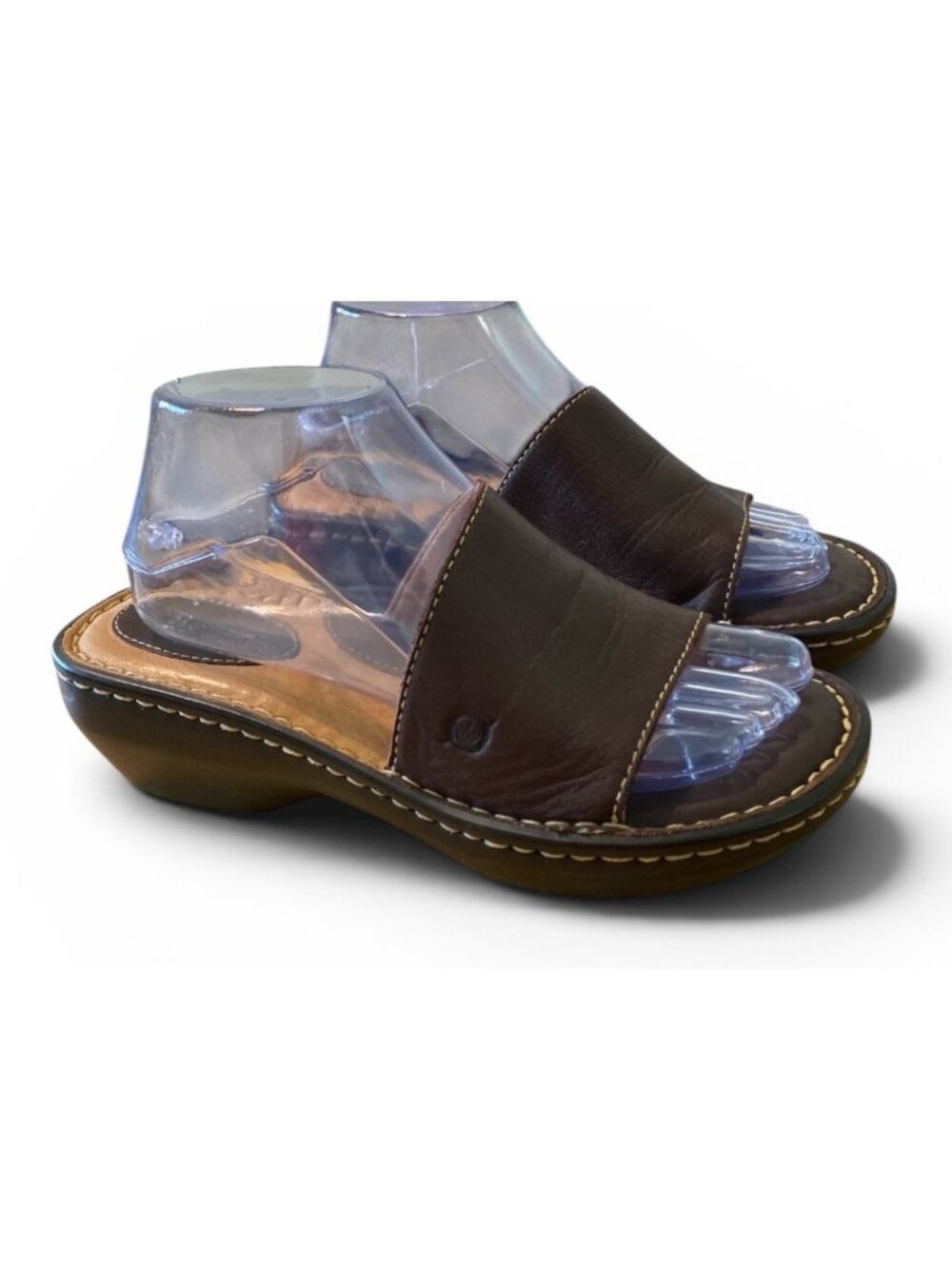 Born Brown Leather Slide Sandals Size 8M Wedge Heel Handcrafted